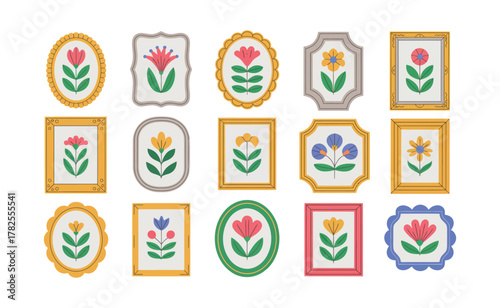 Collection of framed floral art illustrations isolated on white background