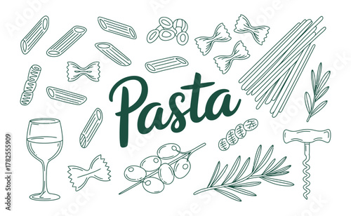 Hand drawn pasta and ingredients illustration isolated on white background