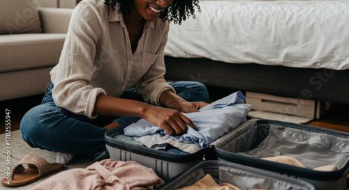 Smiling young woman packing clothes into suitcase on floor of cozy bedroom preparing for a trip with natural daylight
