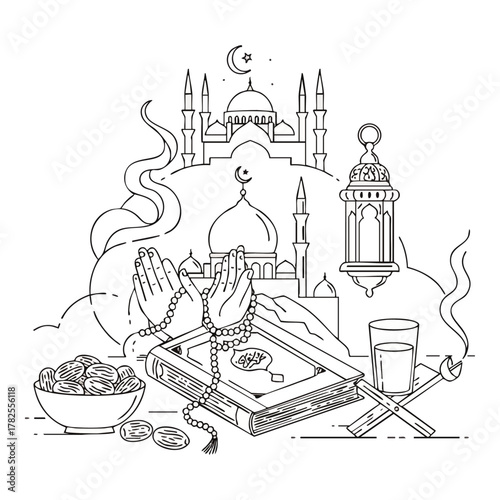 Intricate line art illustration showcasing Islamic spiritual devotion, featuring mosques, a holy Quran, prayer beads, and traditional Ramadan elements.