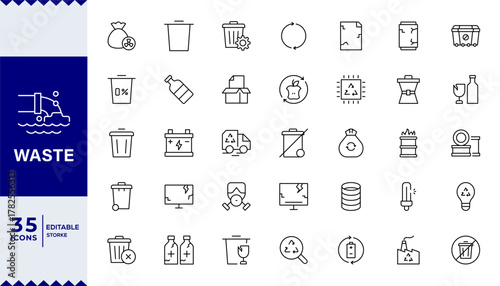 Waste and Rubbish icon set featuring minimal line symbols for garbage, trash bins, recycling, ecology, pollution control, and sustainable waste management concepts