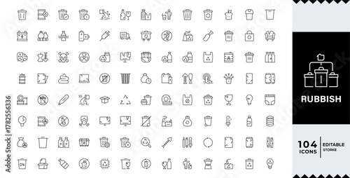Waste and Rubbish icon set featuring minimal line symbols for garbage, trash bins, recycling, ecology, pollution control, and sustainable waste management concepts