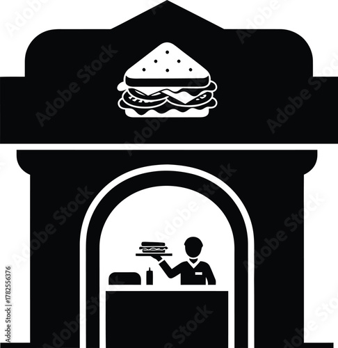 Silhouette of a burger restaurant with a server presenting food
