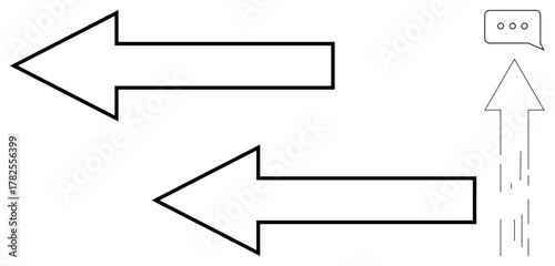 Two wide arrows pointing left signify resistance, while a rising arrow accompanied by a speech bubble symbolizes upward movement, progress, or communication. Ideal for conflict, feedback