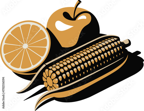 Stylized Corn, Apple, and Orange Fruit Duotone Vector Illustration - Harvest Food Graphic