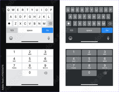 Mobile keyboard interface design for smartphone application with light and dark theme variations design on transparent background