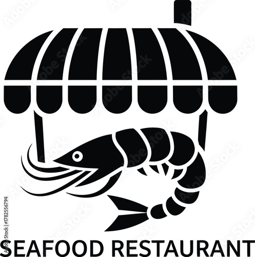 Stylized shrimp under a market stall awning seafood restaurant logo