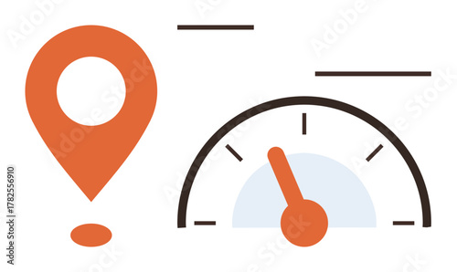Orange location marker next to a speedometer with a needle. Ideal for navigation, tracking, performance, efficiency, progress, analytics, and delivery concepts. Simple flat metaphor