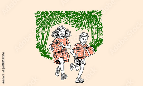 Happy Children Running with Gift Boxes in Nature, Retro Hand Drawn Vector Illustration