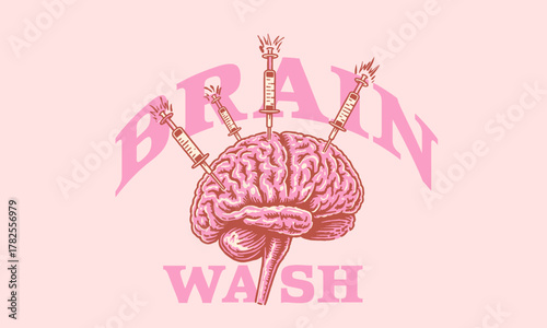 Brain Wash Edgy vintage artwork of anatomical brain with syringes for t shirt print, poster. Surreal pink vector illustration.