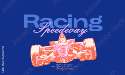 Racing Speedway California slogan. Vintage artwork of a formula one race car for t shirt print, poster. Retro motorsport vector illustration.