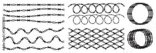 Barbed wire silBarbed wire silhouette vector -White background with Black barbed wire horizontal vector. Straight line sharp barbed wire illustration vector