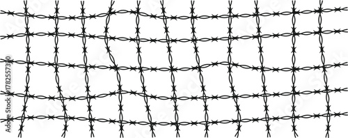 Barbed wire silhouette vector -White background with Black barbed wire horizontal vector. Straight line sharp barbed wire illustration vector