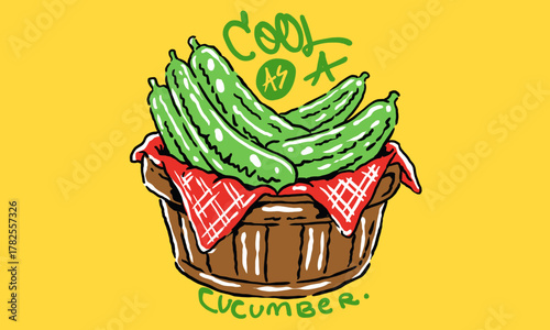 Retro artwork of a basket of fresh cucumbers. Vintage illustration with Cool as a Cucumber pun for t shirt print, poster