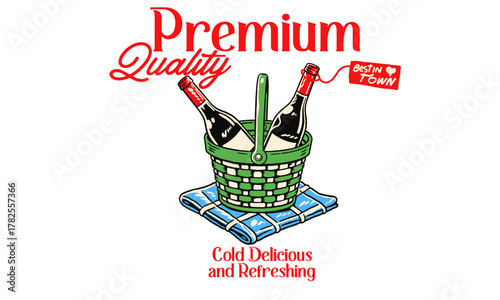 Vintage illustration of two wine bottles in a basket. Retro Premium Quality artwork for winery, t shirt print, poster