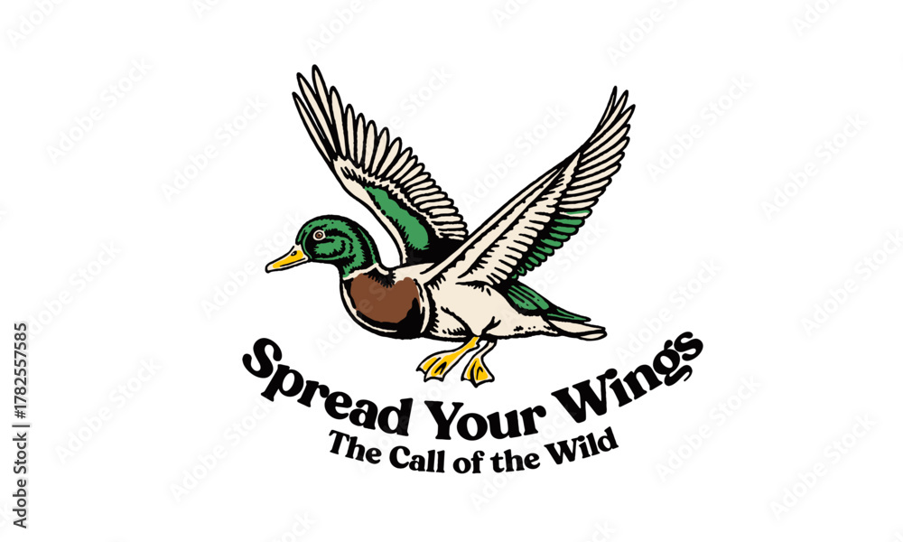 Naklejka premium vintage illustration of a flying mallard duck. Retro artwork with Spread Your Wings quote for a t-shirt