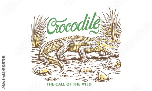 vintage illustration of a crocodile on a riverbank. Call of the Wild artwork for a t-shirt