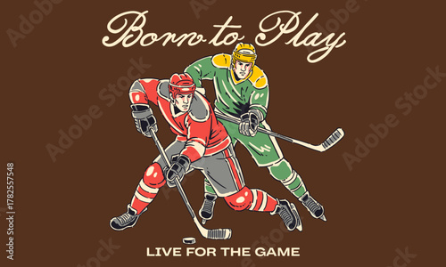 Photography retro artwork of two hockey players in a face-off