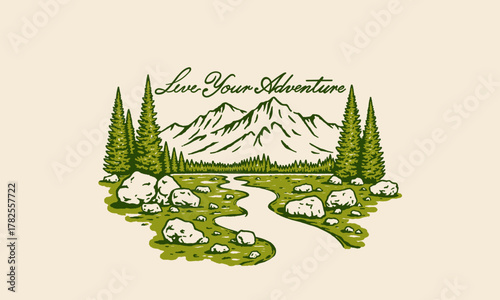vintage monochrome illustration of a mountain trail landscape. Live Your Adventure artwork for a t-shirt