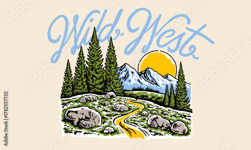 retro illustration of a wild west mountain landscape. Vintage nature artwork for a t-shirt or poster