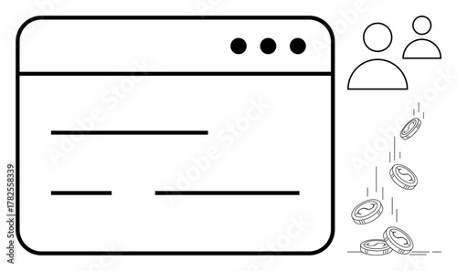 Browser window with user profile icons and coins falling, representing online transactions, user interaction, and digital monetization. Ideal for e-commerce, fintech, marketing, networking