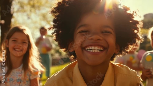 Happy children having fun together outside. Easter egg hunt activity.