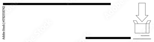 Black arrow pointing to open box symbolizing download, delivery, or storage. Ideal for technology, logistics, packaging, file transfer, shipping organization storage. Minimal design as simple flat