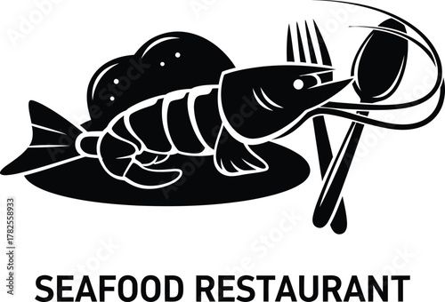Seafood restaurant logo featuring shrimp and fish with utensils
