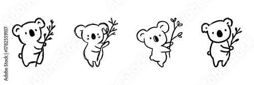 Cute Koala Holding Branch Line Icon Set In Doodle Style. Wildlife, Nature, And Australian Animal Outline Sketch Collection. Adorable Cartoon Character. Hand Drawn Isolated Vector Illustration
