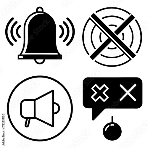 Black icons for notifications and prohibitions with sound waves Keywords: notification