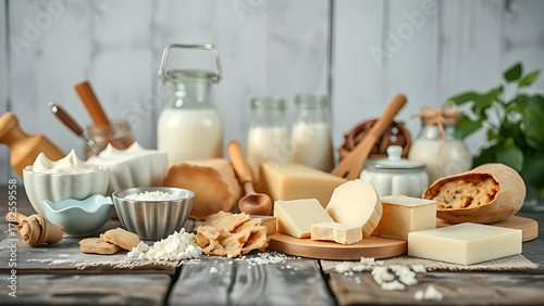 A rustic wooden table displaying a variety of fresh dairy products in soft natural light.