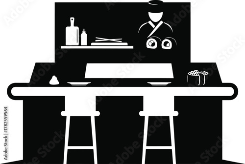 Sushi bar counter with chef and seating