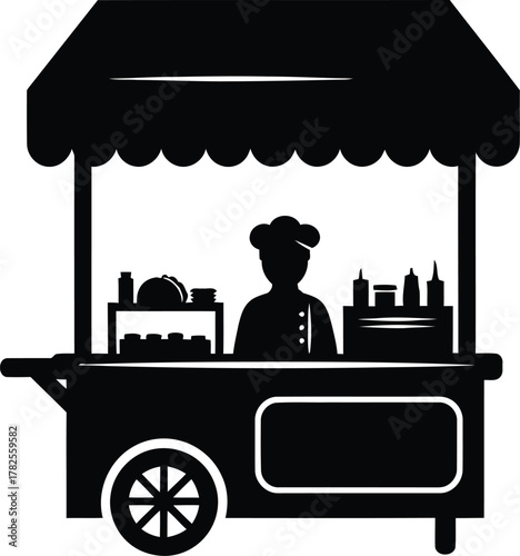 Silhouette of a chef at a food stall with awning and wheels