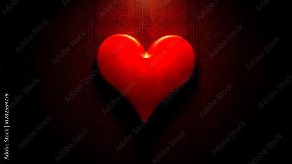 Fototapeta premium A striking red heart shape illuminated against a dark textured background, evoking deep emotional resonance.