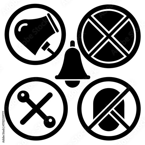 Set of four black icons representing silence and prohibition