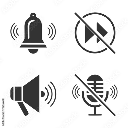 Set of four notification and sound control icons bell