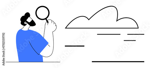 Person holding magnifying glass near cloud shape, analyzing and seeking insights. Ideal for research, discovery, cloud computing, curiosity, innovation, education, simple flat metaphor