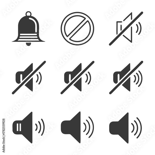 Sound and Notification Icon Set Keywords: sound on, sound off, mute, notification, bell, volume