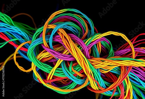 Intricate, vibrant knot of interwoven, multicolored threads forming abstract shapes,  lines,  textile