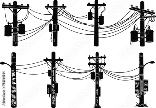 Flat vector illustration of six utility pole silhouettes with transformers, wires, streetlights, floral decorations, black and white infrastructure design