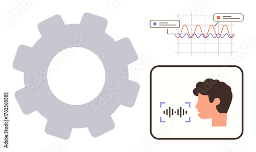 Gear icon, data graph, and person with soundwave visualization. Ideal for AI, speech analysis, automation, innovation, technology communication digital learning. Simplified flat metaphor