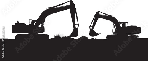 Two black silhouette excavators digging dirt on a construction site bulldozer