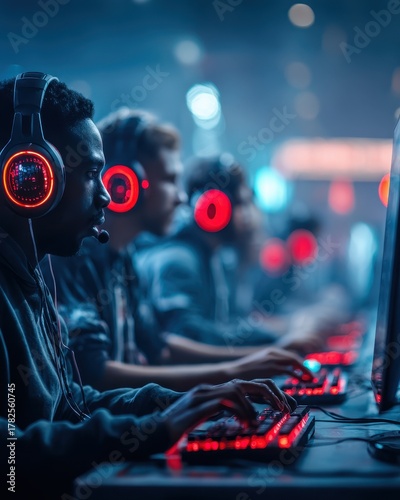 AI Metaverse Virtual reality Cloud computing IoT 5G Cybersecurity Robotics concept. Immersive Gaming Experience with Headsets in a High-Tech Environment Featuring Virtual Reality and Blockchain