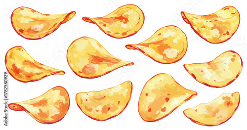 水彩のポテトチップスイラストセット,スナック菓子,ジャンクフード,手描き,食べ物,ベクター