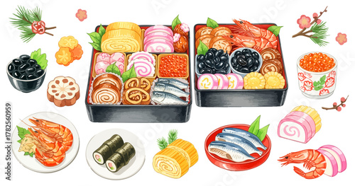 水彩のおせち料理イラストセット,お正月,和食,伝統,重箱,海老,黒豆,ベクター