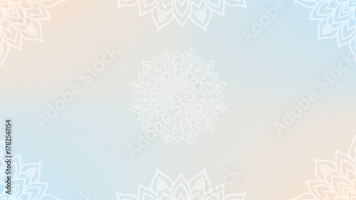 Round mandala on colorfull gradient background. Translucent mesh pattern in the form of a mandala. Mandala with floral patterns. Pastel Yoga template. Gradient background with round mandala