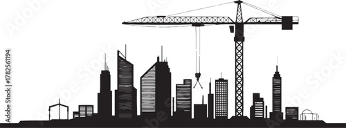Black silhouette of a futuristic city skyline with construction cranes and skyscrapers cityscape building