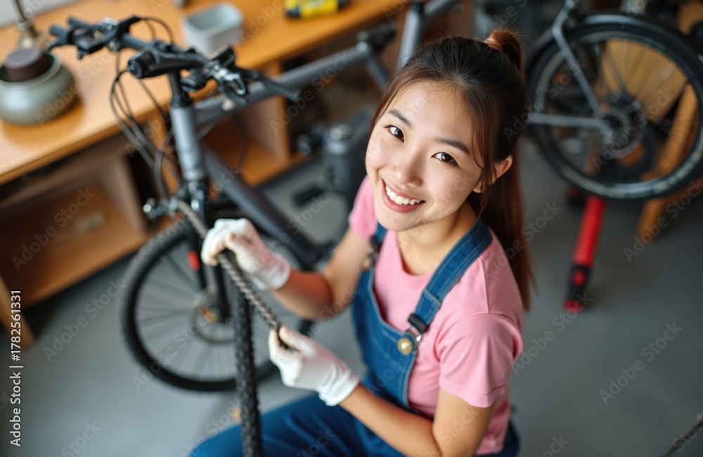 Obraz premium Young asian woman fixes bicycle chain wearing denim overalls. Mechanic girl smiles, works in home garage workshop with tools. Bicycle repair, cycling hobby at home.