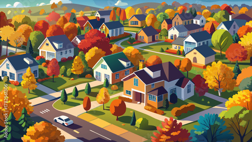 Very beautiful aerial drone view of residential housing surrounded by vibrant fall foliage in Laurel, Maryland, USA, featuring colorful trees, suburban streets, and a realistic scenic autumn landscape