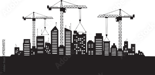Black silhouette of construction cranes over city skyline with buildings under construction vector
